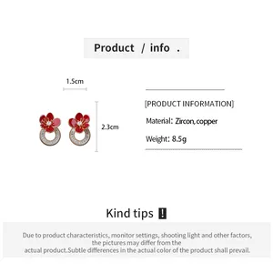 Productspecificaties voor rode emaille bloemoorbellen met zirkonia en koperen details.