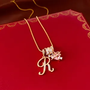 Luxury 18K gold plated zircon heart pendant necklace with letter R charm on red display box