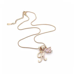 18K Vergulde Zirconia Hart Letter R Hanger Ketting Mode Roze Planeet Sleutelbeinketen Sieraden Voor Vrouwen Dagelijks