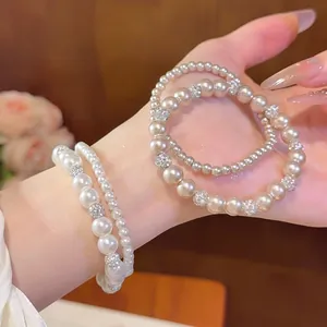 Elegante Franse stijl parel armband set met fonkelende kristallen pave ballen