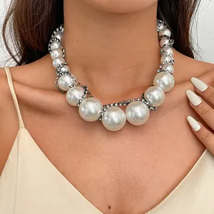 Vintage Künstliche Perle Halskette Für Damen Strass Emaille Kreis Geometrische Choker Kette Gunmetal Schwarz Schmuck Zubehör