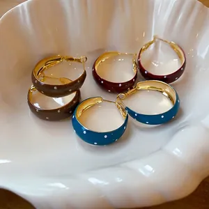 Vintage Polka Dot Ronde Oorringen Voor Vrouwen Luxe Emaille Goud IJzeren Oorbellen Met 925 Sterling Zilver Stift Sieraden