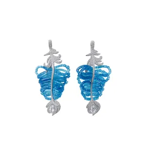 Boucles d'Oreilles Clous Pendentif Feuille en Zirconia Luxe Avec Tige en Argent Sterling 925 Bijoux Longues Perles en Verre