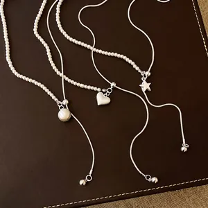 Collana Asimmetrica con Perle Artificiali Pendente a Stella Cuore Tonda Catena Lunga per Maglioni Gioielli in Rame Spazzolato