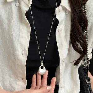 Detailopname van een mat zilveren ovale hanger ketting op een zwarte herfsttrui