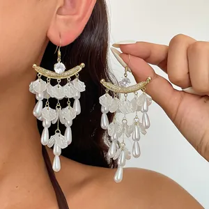 Europese Amerikaanse Vakantiestijl Zirconia Kunstparel Bloemblad Kwastje Oorbellen Mode Sieraden Voor Dames Goud Wit