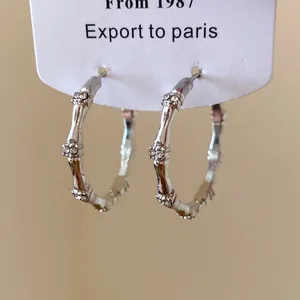 Detailed view of silver bamboo-joint hoop earrings with sparkling rhinestones