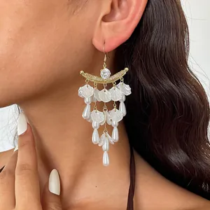 Close-up van elegante oorbellen met zirkonia en parelbladkwastjes gedragen door een model