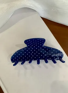 Stylish dark blue hair claw clip with white polka dots for women Y2K style updo hair