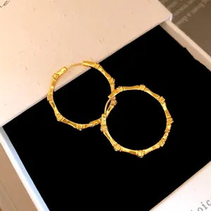 Close-up detail of elegant gold-toned bamboo-knot hoop earrings presented in a luxury box.