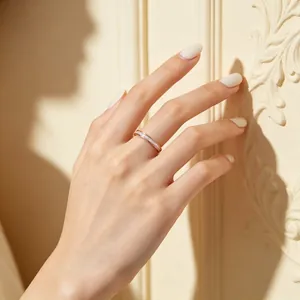 Close-up view of an elegant 2mm stainless steel ring with white shell inlay on a hand