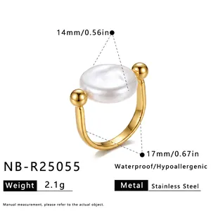 Detailed view of 18K gold plated stainless steel pearl ring showing measurements