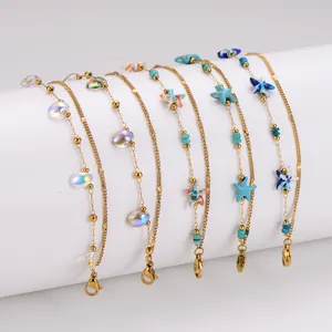 Women Sweet Ocean Series 304 Stainless Steel Starfish Beads Double Layer Bracelet Gold Plated Beach Jewelry