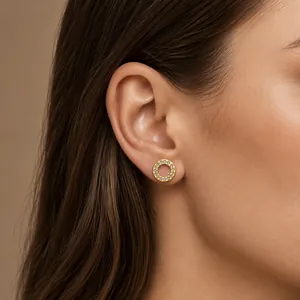 Detailansicht eines eleganten, hohlen Kreisohrrings mit gepflasterten Strasssteinen in Gold