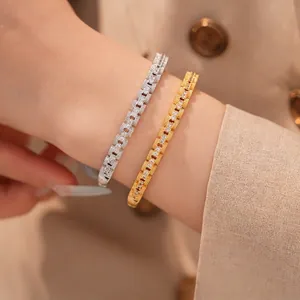 Luxury 18K Gold Plated Zirconia Square Patchwork Bangle Bracelet For Women Minimalist Geometric Buckle Cuff Bangle Hand Jewelry