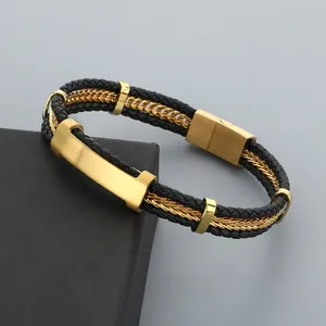 Vue détaillée d'un bracelet en cuir tressé multicouche de qualité supérieure pour homme