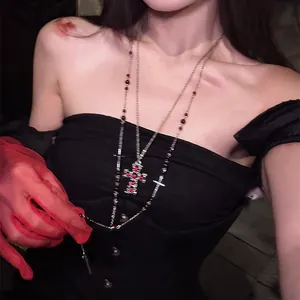 Double-layered beaded necklace with red cross pendant for gothic sweet style