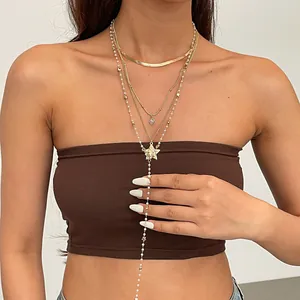 Collana a Strati in Rame Vintage Perla Artificiale Zirconia Stella Cuore Ciondolo Catena Serpente Donna Gioielli