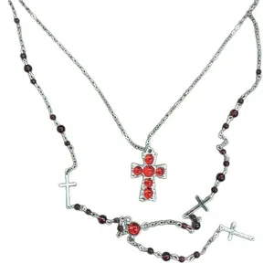Double-layered glass bead necklace with silver cross pendants in sweet and cool gothic style