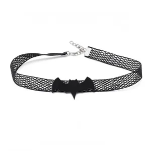 Collier Ras du Cou Gothique Sombre d'Halloween Chauve-souris Araignée Chapeau de Sorcière pour Femmes Bijoux en Tissu de Fête