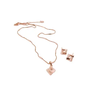 Elegant Cat's Eye Stone Geometric Rhombus Pendant Necklace And Earrings Set Rose Gold Plated Alloy Jewelry For Women Gift