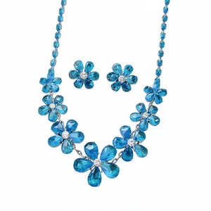Elegant Zirconia Flower Necklace Earrings Jewelry Set Copper With Silver Post Clavicle Chain For Women Banquet Gift