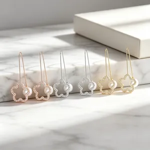 304 Edelstahl Hohl Geometrische Strass Künstliche Perle Lange Haken Ohrringe Für Damen Herz Blume Runde Hängen Ohrringe Schmuck