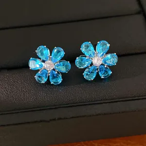 Elegant blue zircon flower stud earrings with sparkling pear-cut crystals for women
