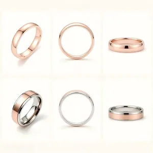 Vues détaillées sous plusieurs angles de bagues de couple minimalistes en or rose et titane