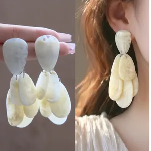 Women Bohemian Resin Marbled Water Drop Tassel Dangle Earrings Silver Earring Post For Seaside Vacation Fashion Jewelry Gift