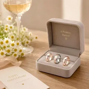 Bagues élégantes en titane or rose et argent dans un écrin de velours pour cadeau
