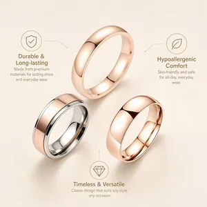 Vue détaillée des bagues en acier titane rose et argent soulignant la durabilité