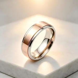 Vue détaillée d'une bague bicolore de luxe en or rose et acier titane argenté pour couple