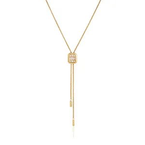 Élégant collier en Y en acier inoxydable doré avec pendentif ajustable en strass carrés