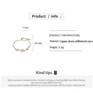 Detailed specifications of the adjustable rose gold bracelet with zircon and cat's eye stone