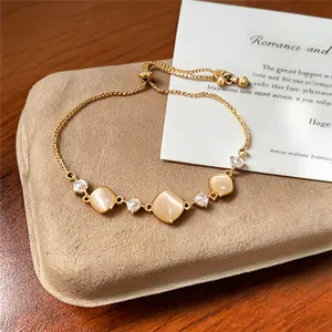 Luxury Gold Adjustable Bracelet For Women Square Artificial Cat Eye Stone White Zirconia Inlaid Fashion Hand Chain Jewelry