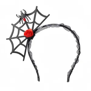 Serre-tête Drôle en Flanelle avec Toile d'Araignée pour Halloween Style Gothique Sombre avec Rose Rouge et Strass Accessoires pour Femmes Fête