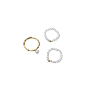 Ensemble de Bagues Ouvertes en Perles Artificielles Plaqué Or 14K Vintage Français Bagues de Doigt Empilables Élégantes de Luxe pour Femmes