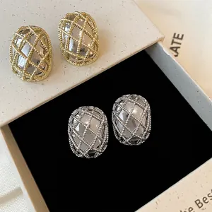 Luxuriöse hohle Gitter Metall Oval Ohrstecker mit 925 Sterlingsilber Stift Mode Oversized Legierung Schmuck für Damen