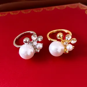 Zirconia Pave Pearl Flower Open Ring Luxury Elegant Adjustable Floral Copper Ring Gold Silver Plated Jewelry For Women