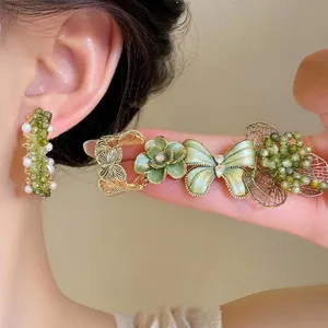 Elegant Forest Style Copper Zirconia Flower Butterfly Stud Earrings For Women Green Artificial Pearl Gold Plated Earrings Vintage Jewelry