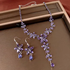 European American Style Zirconia Flower Water Drop Pendant Necklace Earring Set Silver Plated Copper Inlaid Zirconia Fashion Jewelry Gift For Women