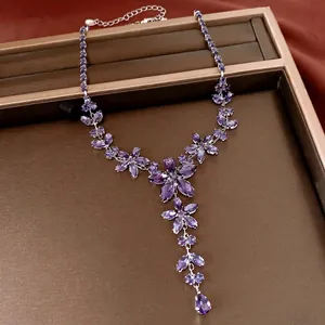 Elegant purple zircon flower necklace with a teardrop pendant for women's jewelry collection.