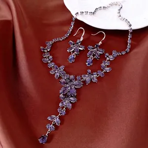 Elegant purple zircon floral necklace and teardrop earring jewelry set for women
