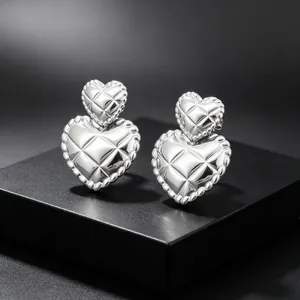 French style quilted double heart stud earrings made of high-quality polished stainless steel