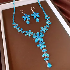 Elegant light blue zircon flower and teardrop jewelry set with necklace and earrings