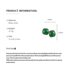 Detailed specifications of green resin square stud earrings with material and weight info