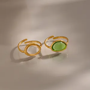 French Vintage Stainless Steel 18K Gold Plated Open Adjustable Ring Oval Green White Rhinestone Gemstone Minimalist Jewelry For Women