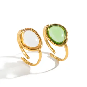 French vintage stainless steel open rings with oval clear and green gemstones
