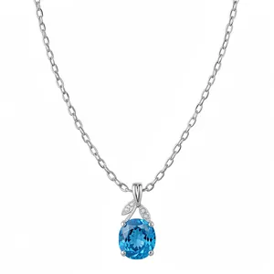 Vintage Blue Zirconia Flower Pendant Necklace Open Ring Stud Earrings For Women Fashion Commuting Silver Color Jewelry